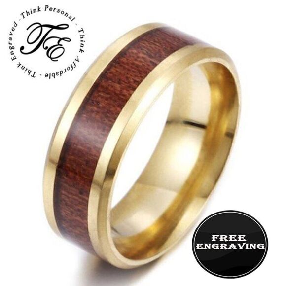 Men's Gold Wedding Ring Band With Whiskey Barrel Wood Inlay - Wedding ring Guys - Picture 1 of 9